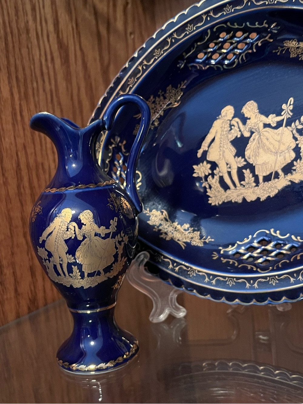 Beautiful Vintage 2Piece T. Limoges Cobalt Blue & Gold "Courting Couple"Decor